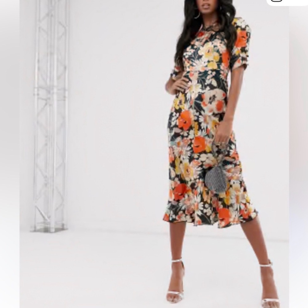 ASOS Floral Print Puff Sleeve Midi Dress Size 6